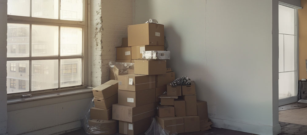 boxes piled up in a corner of a empty living room